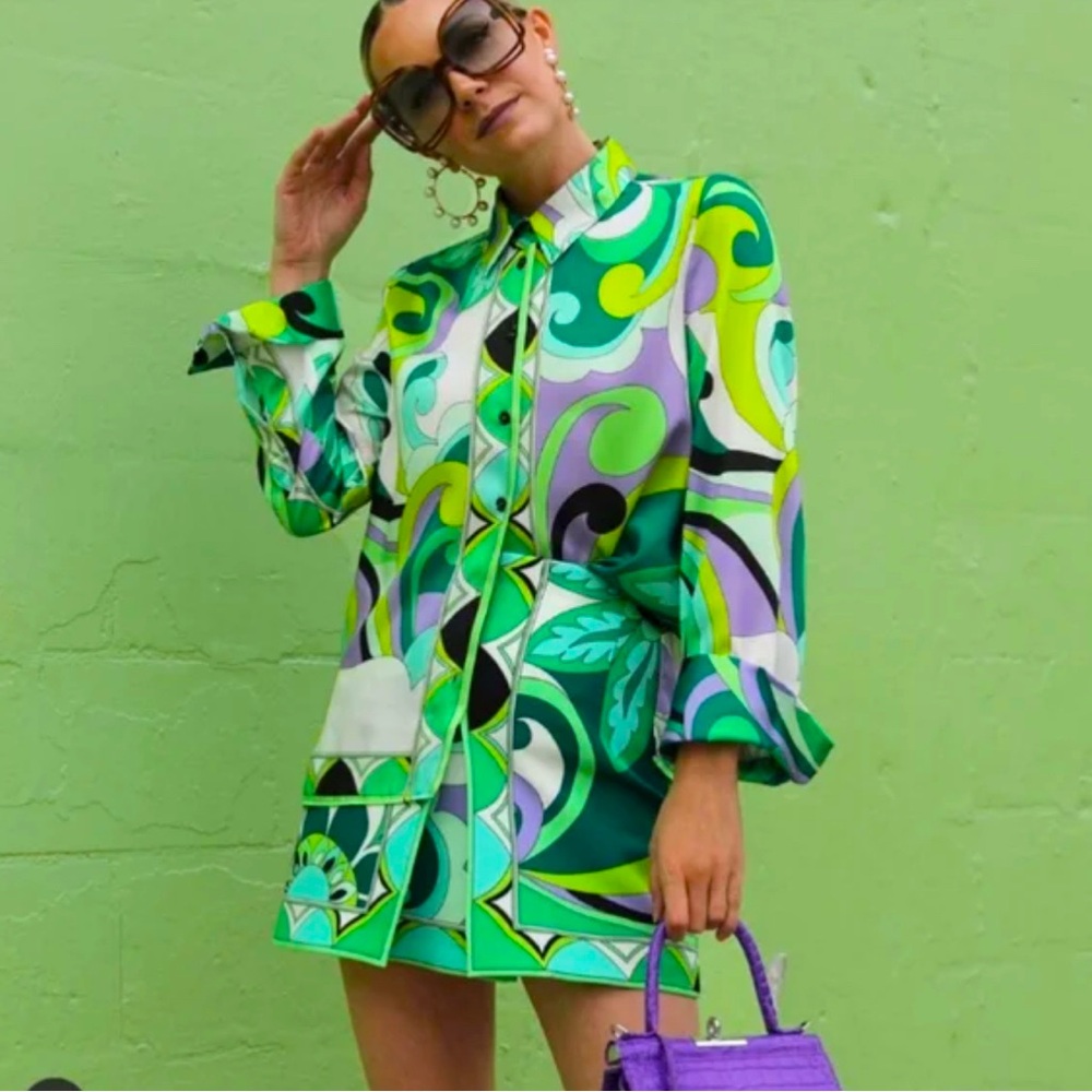 Zara Matching Retro Blouse and Skirt Green and Purple Paisley Set size Medium